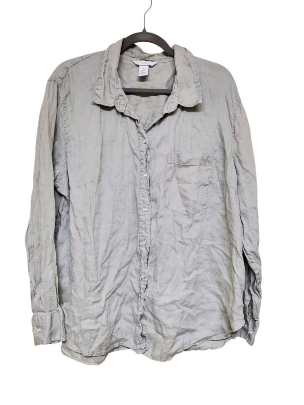 H&M Linen Men's Pale Olive Army Green Long Sleeve Button Up Shirt Top Size XL